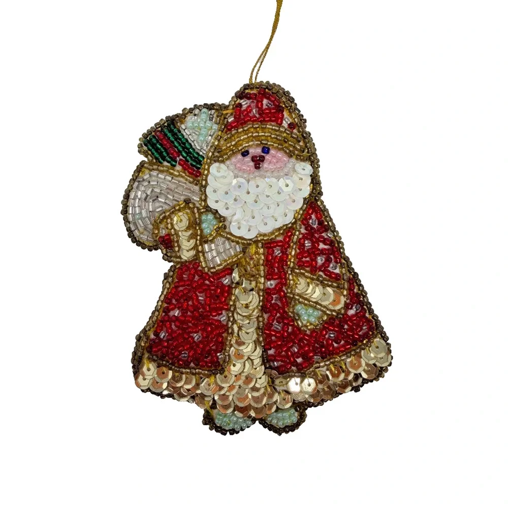 Vintage Handmade Beaded Sequin Santa Claus Christmas Tree Ornament 4